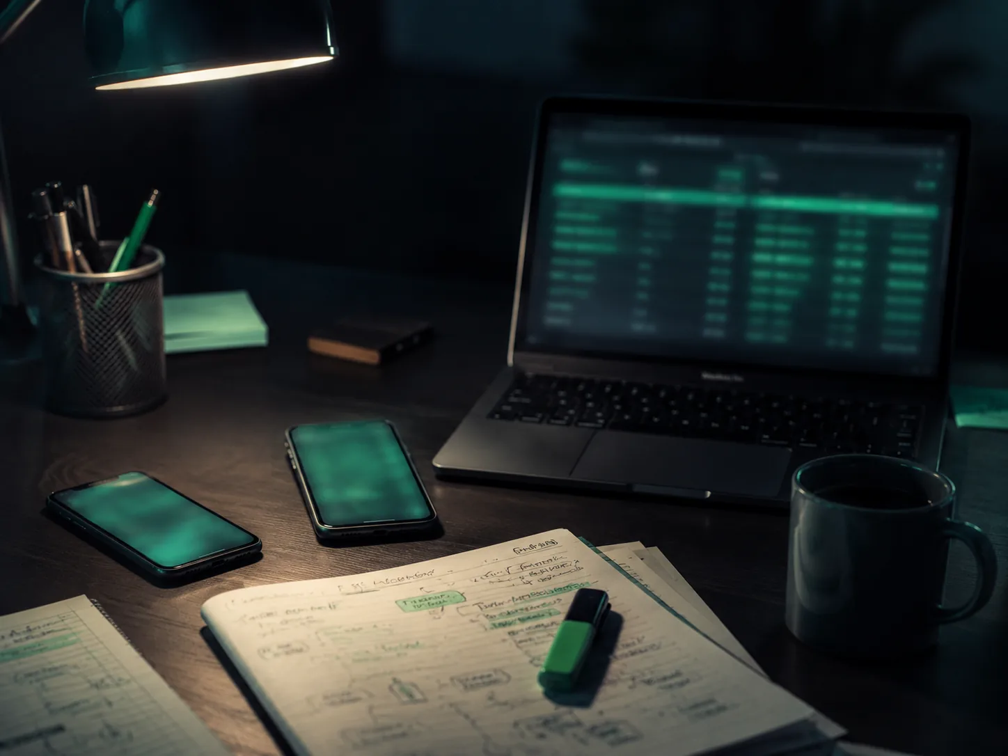 Dim workspace with two smartphones, a laptop showing a blurred spreadsheet, printed notes and coffee