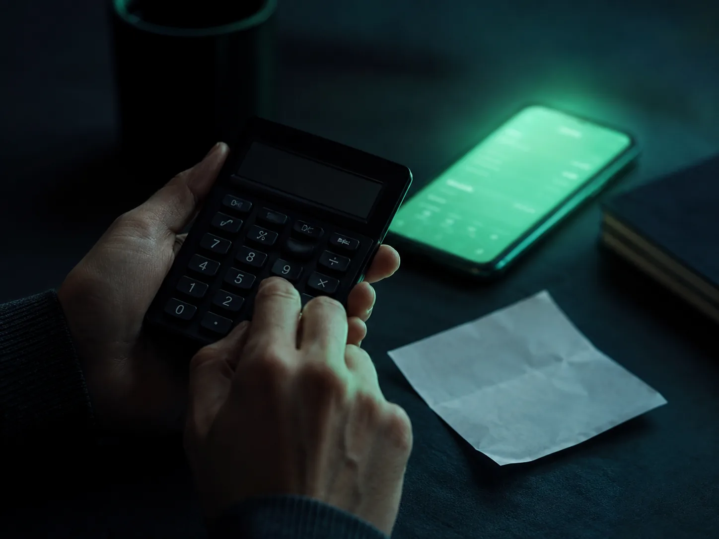 Hands using a small desk calculator beside a phone with a green glow and a blank receipt