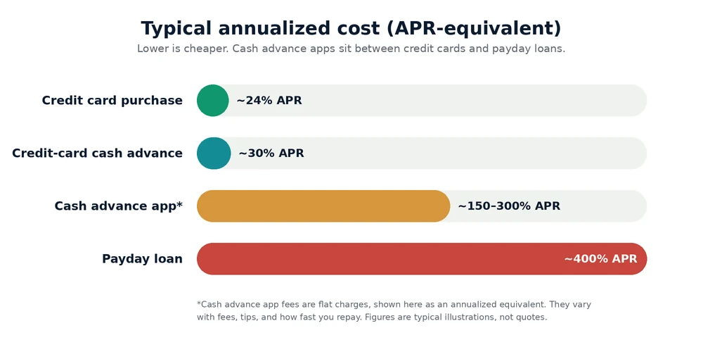 Bar chart of typical annualized costs: credit card purchase about 24% APR, credit-card cash advance about 30%, cash advance app about 150 to 300%, and payday loan about 400%.