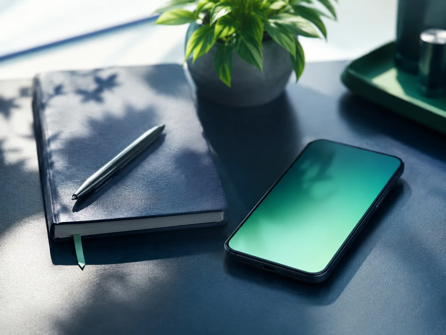 Smartphone with a soft green glow beside a navy notebook, pen and a small plant on a clean desk