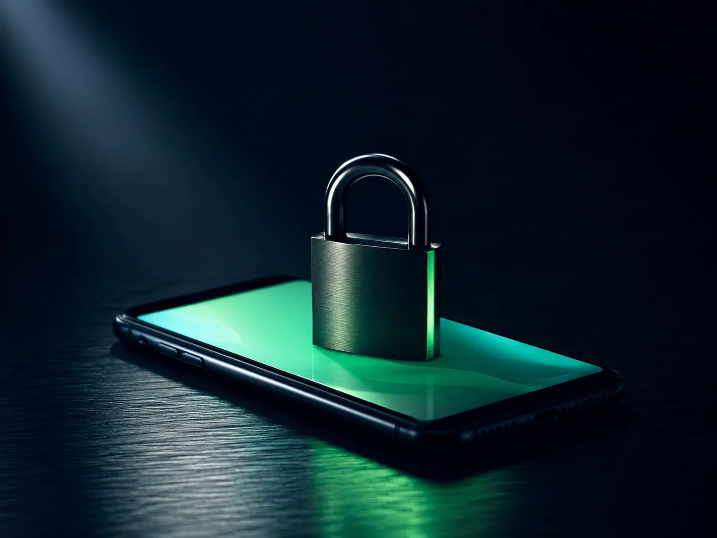 Closed padlock resting on a smartphone with a soft green glowing screen on a dark surface