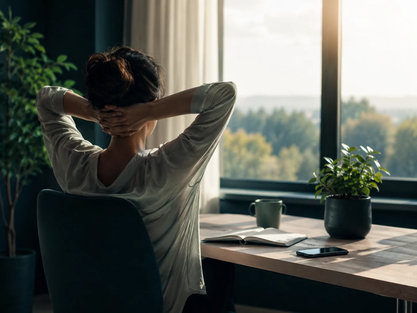Person seen from behind relaxing by a bright window with a notebook and phone, posture relieved