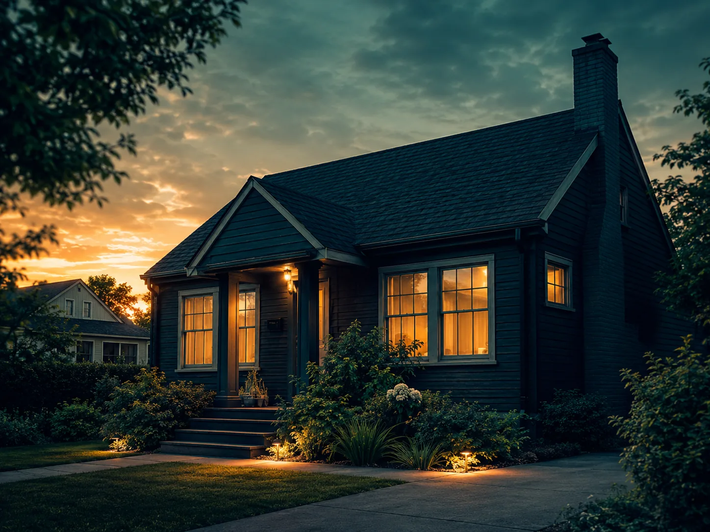 Modest suburban house at golden hour with warm light glowing in the windows